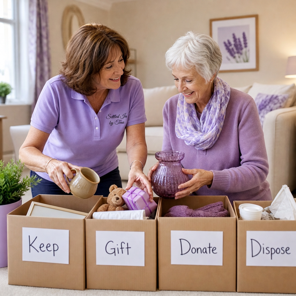A senior move manager and client sorting items into Keep, Gift, Donate, and Dispose boxes